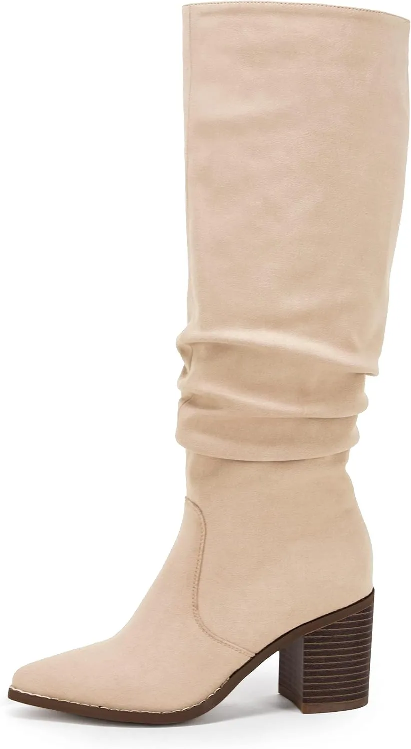 Huiyuzhi Womens Pointed Toe Mid Chunky Heel Side Zipper Knee High Boots Tall Booties