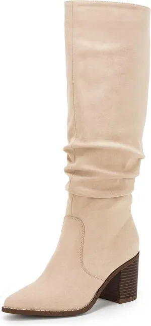 Huiyuzhi Womens Pointed Toe Mid Chunky Heel Side Zipper Knee High Boots Tall Booties