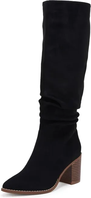 Huiyuzhi Womens Pointed Toe Mid Chunky Heel Side Zipper Knee High Boots Tall Booties