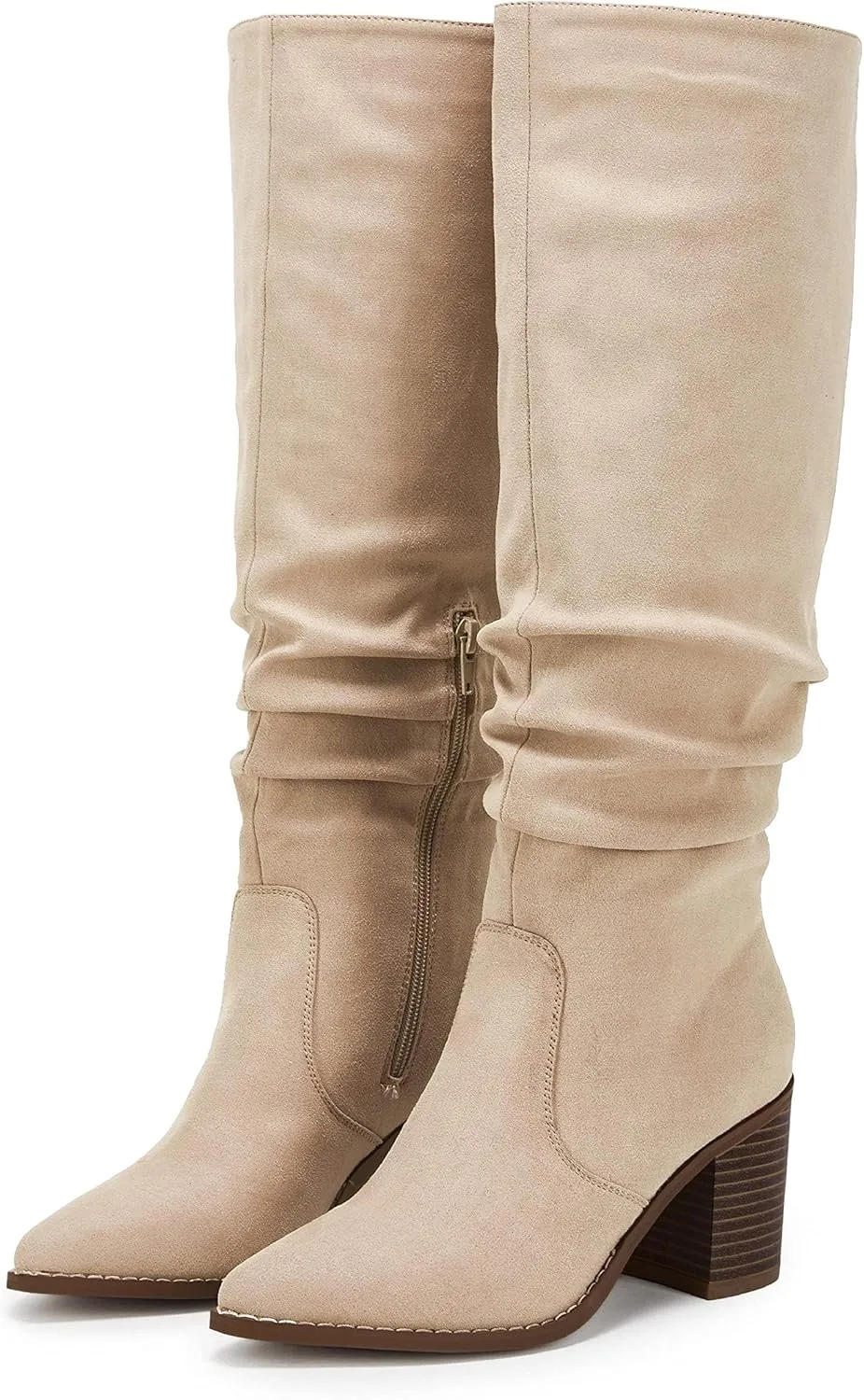 Huiyuzhi Womens Pointed Toe Mid Chunky Heel Side Zipper Knee High Boots Tall Booties