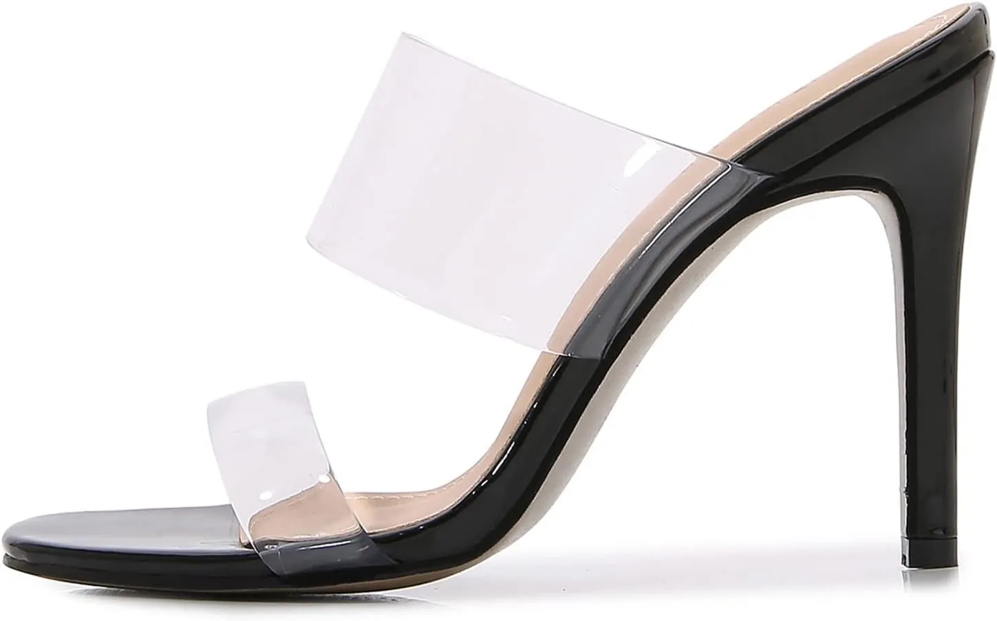 Husmeu Women's Clear Heeled Sandals Square Toe Two Strap Stiletto High Heeled Sandal Transparent Strap Backless Slip on Mules Heeled Sandals