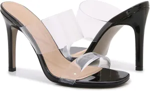 Husmeu Women's Clear Heeled Sandals Square Toe Two Strap Stiletto High Heeled Sandal Transparent Strap Backless Slip on Mules Heeled Sandals