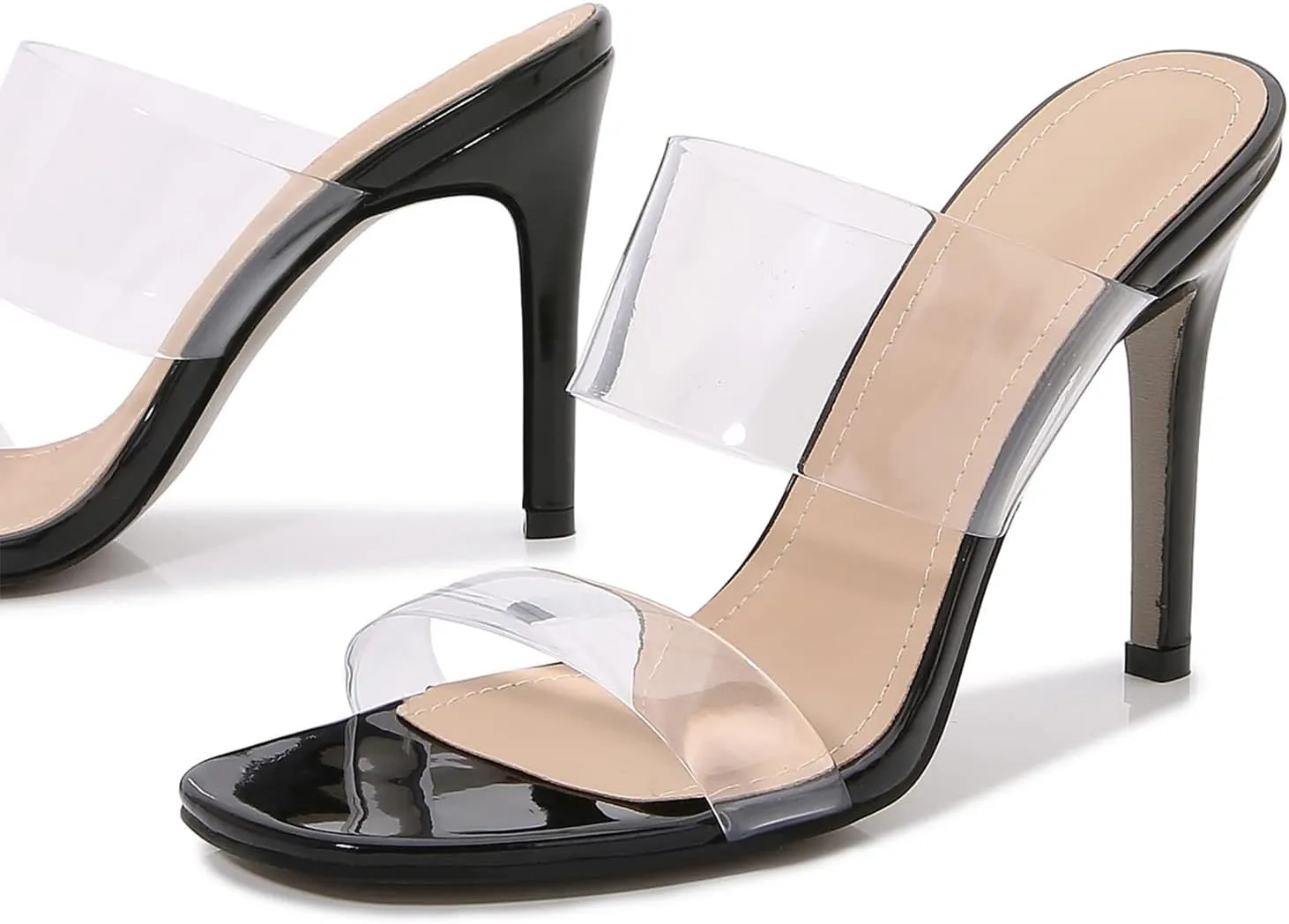 Husmeu Women's Clear Heeled Sandals Square Toe Two Strap Stiletto High Heeled Sandal Transparent Strap Backless Slip on Mules Heeled Sandals