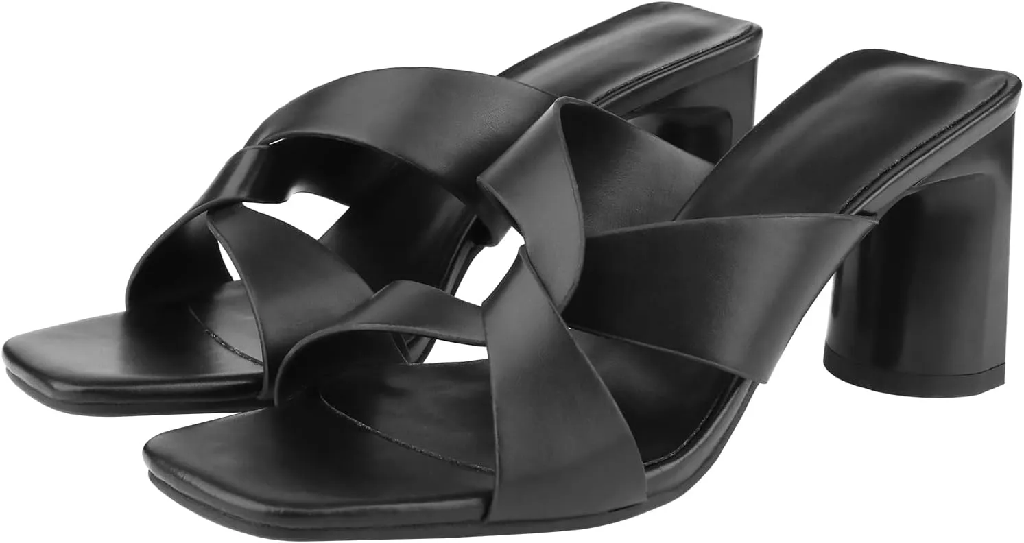 Husmeu Women's High Heeled Sandals for Women Dreesey Summer Mules Square Toe Slip on Heels Chunky Block Heels Sandals