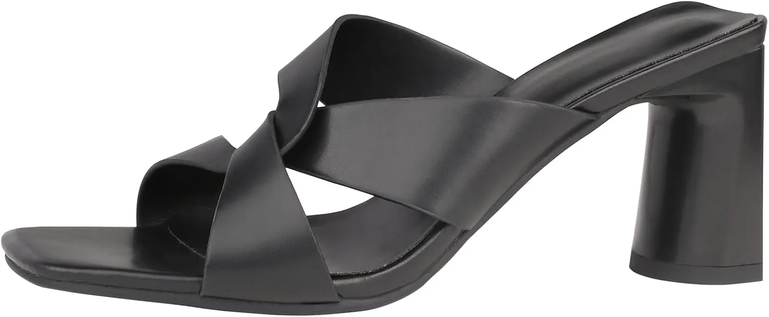 Husmeu Women's High Heeled Sandals for Women Dreesey Summer Mules Square Toe Slip on Heels Chunky Block Heels Sandals