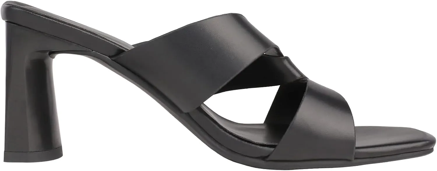 Husmeu Women's High Heeled Sandals for Women Dreesey Summer Mules Square Toe Slip on Heels Chunky Block Heels Sandals
