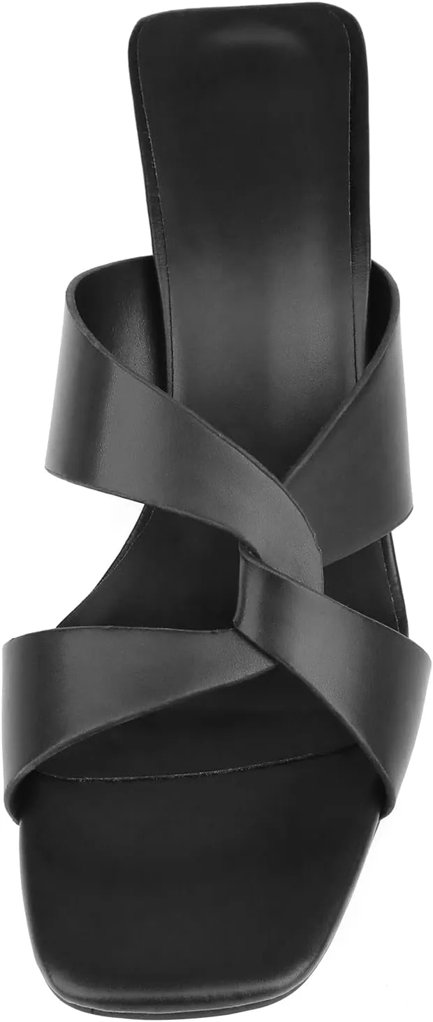 Husmeu Women's High Heeled Sandals for Women Dreesey Summer Mules Square Toe Slip on Heels Chunky Block Heels Sandals