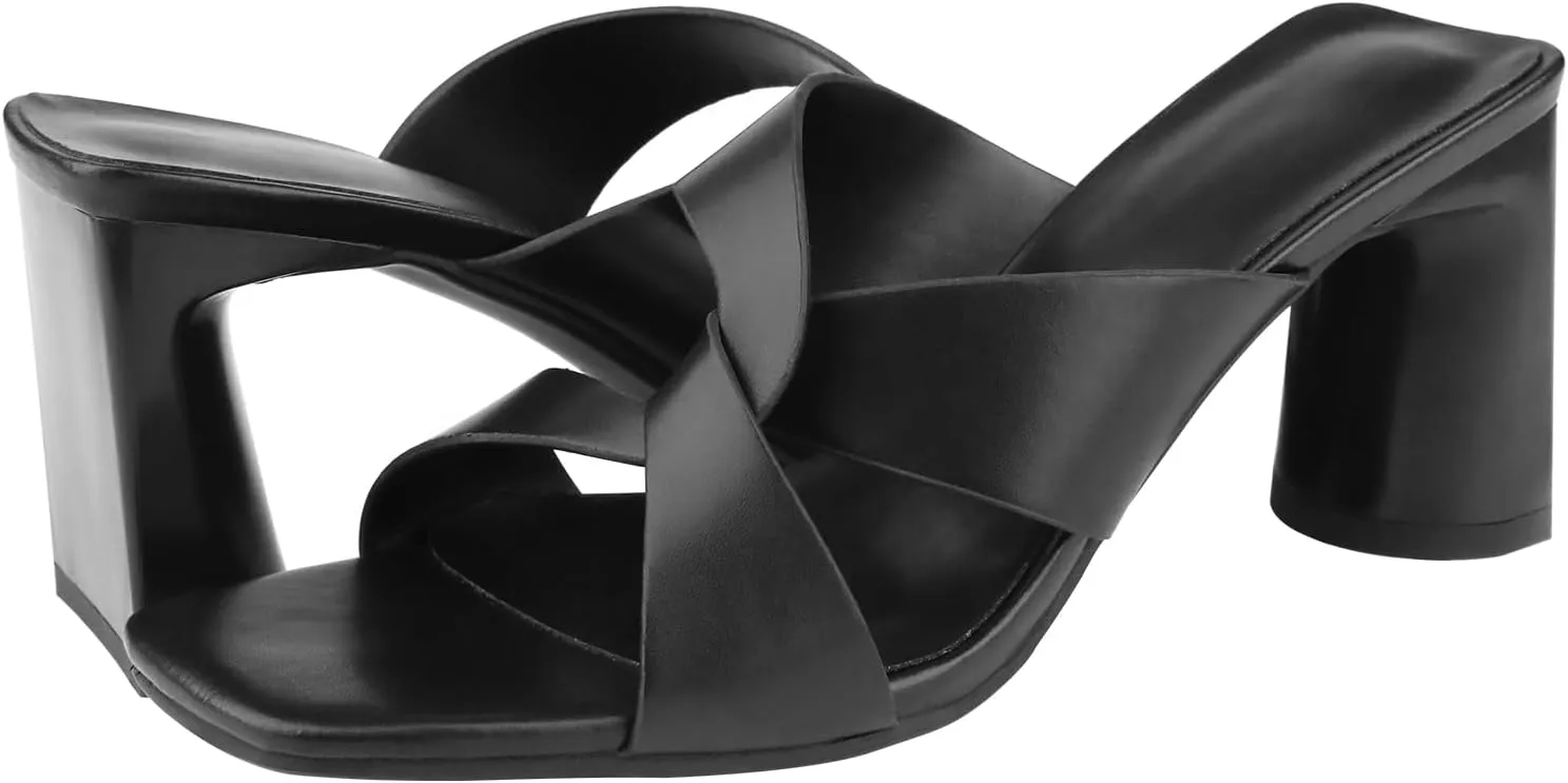 Husmeu Women's High Heeled Sandals for Women Dreesey Summer Mules Square Toe Slip on Heels Chunky Block Heels Sandals