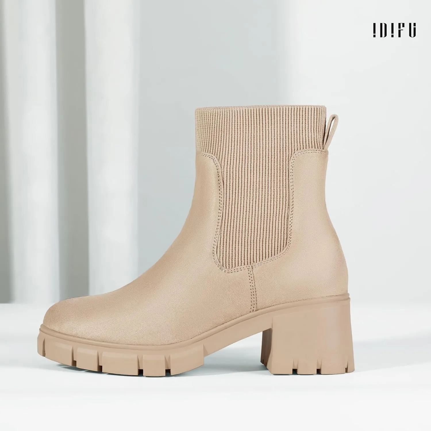 IDIFU IN2 Chelsea Boots Elastic Ankle Boots for Women Platform Lug Sole Women's Boots Round Toe Low Chunky Block Heeled Booties Work Dress Fashion Casual Comfortable Slip on Short Boots