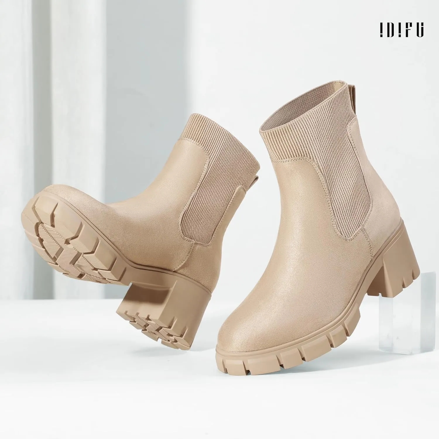 IDIFU IN2 Chelsea Boots Elastic Ankle Boots for Women Platform Lug Sole Women's Boots Round Toe Low Chunky Block Heeled Booties Work Dress Fashion Casual Comfortable Slip on Short Boots