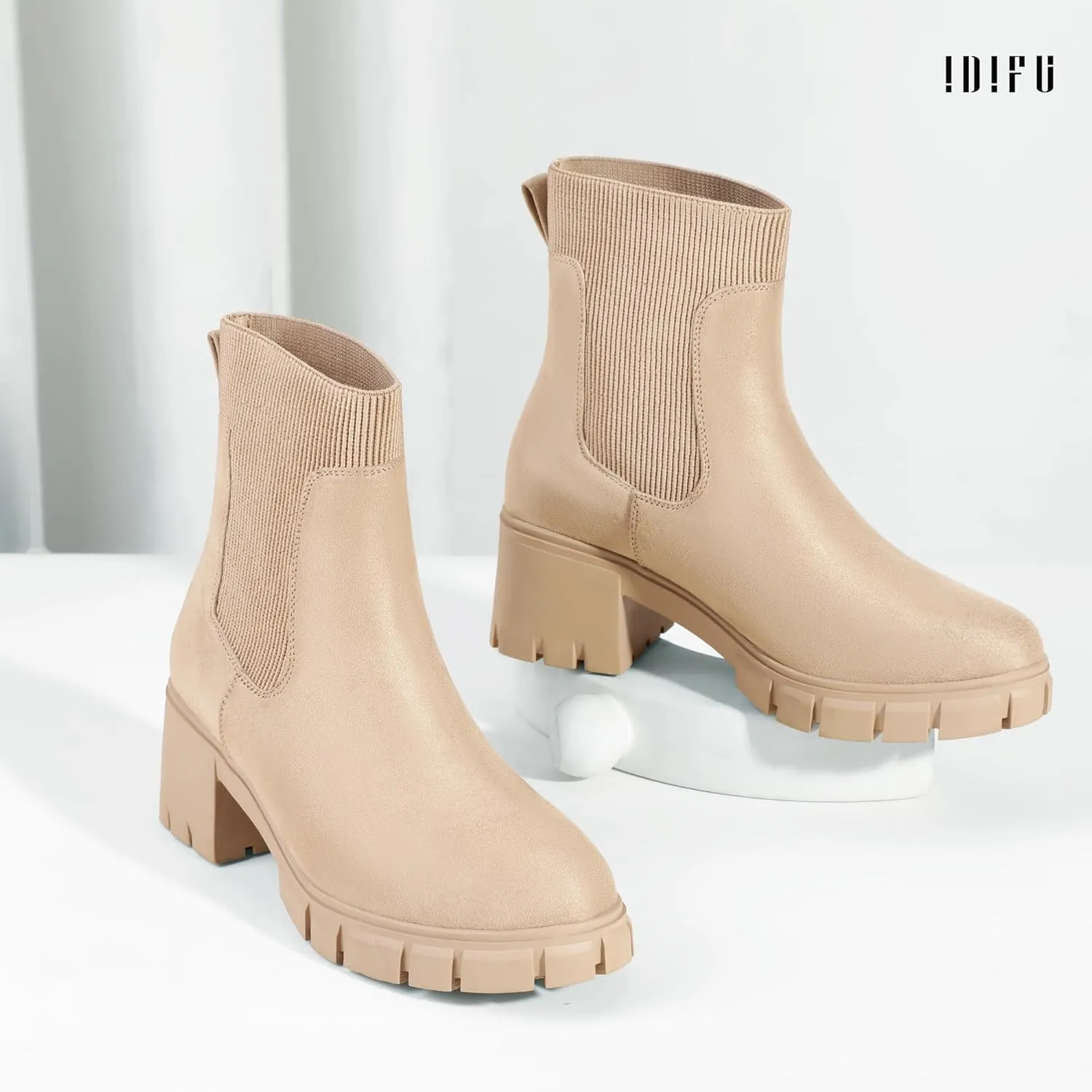 IDIFU IN2 Chelsea Boots Elastic Ankle Boots for Women Platform Lug Sole Women's Boots Round Toe Low Chunky Block Heeled Booties Work Dress Fashion Casual Comfortable Slip on Short Boots