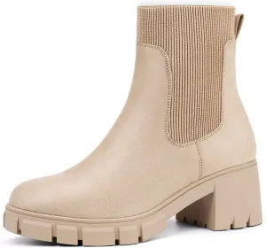 IDIFU IN2 Chelsea Boots Elastic Ankle Boots for Women Platform Lug Sole Women's Boots Round Toe Low Chunky Block Heeled Booties Work Dress Fashion Casual Comfortable Slip on Short Boots