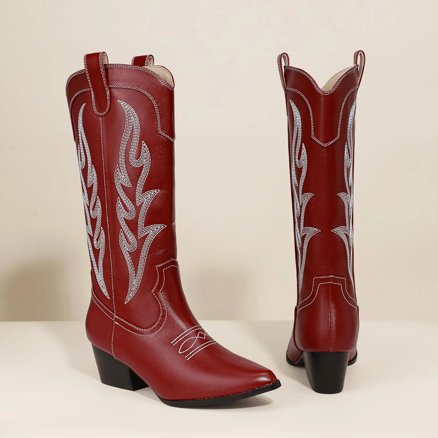 IDIFU IN2 Cowboy Boots for Women Mid Calf Cowgirl Boots Embroidered Western Boots Chunky Low Heel Pointed Toe Country Boots Cute Fashion Booties for Women Dress Wedding Heeled Boots