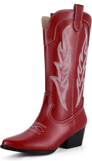 IDIFU IN2 Cowboy Boots for Women Mid Calf Cowgirl Boots Embroidered Western Boots Chunky Low Heel Pointed Toe Country Boots Cute Fashion Booties for Women Dress Wedding Heeled Boots