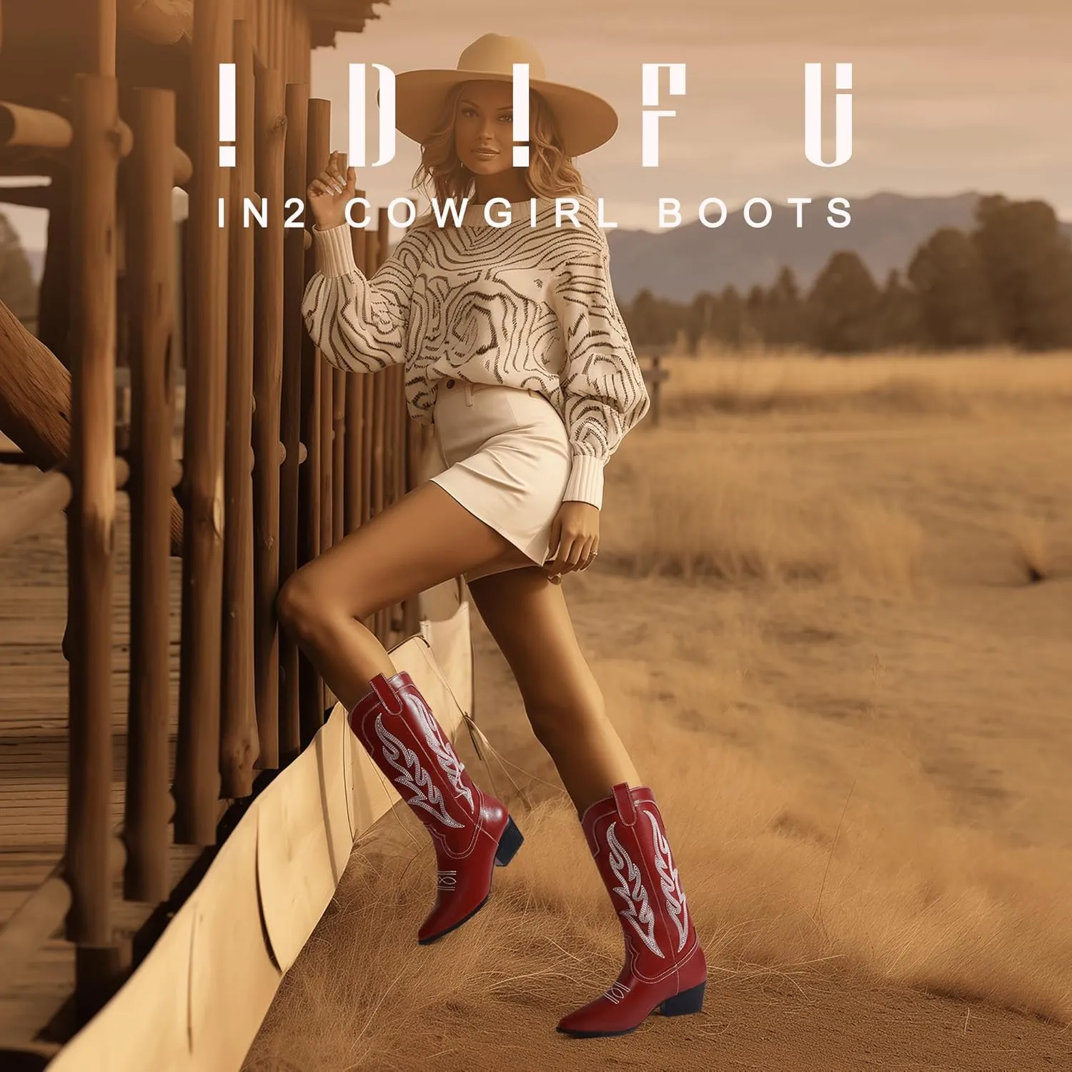 IDIFU IN2 Cowboy Boots for Women Mid Calf Cowgirl Boots Embroidered Western Boots Chunky Low Heel Pointed Toe Country Boots Cute Fashion Booties for Women Dress Wedding Heeled Boots