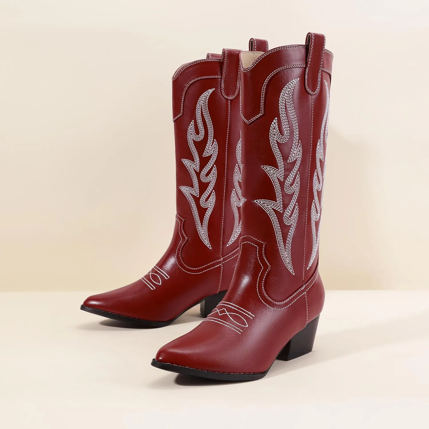 IDIFU IN2 Cowboy Boots for Women Mid Calf Cowgirl Boots Embroidered Western Boots Chunky Low Heel Pointed Toe Country Boots Cute Fashion Booties for Women Dress Wedding Heeled Boots