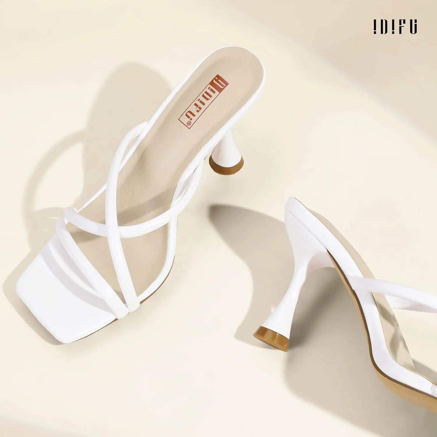 IDIFU IN3 Strappy Stiletto Kitten Heels Square Open Toe Heeled Sandals Comfortable Dressy Wedding Bridal Bride Prom Party Dress Shoes for Women Fashion Cute Casual Sexy Slides Slip on Mules Heels