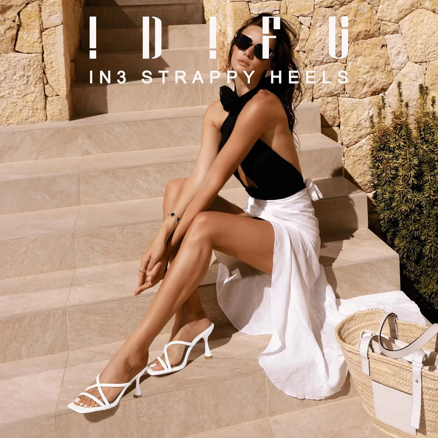 IDIFU IN3 Strappy Stiletto Kitten Heels Square Open Toe Heeled Sandals Comfortable Dressy Wedding Bridal Bride Prom Party Dress Shoes for Women Fashion Cute Casual Sexy Slides Slip on Mules Heels
