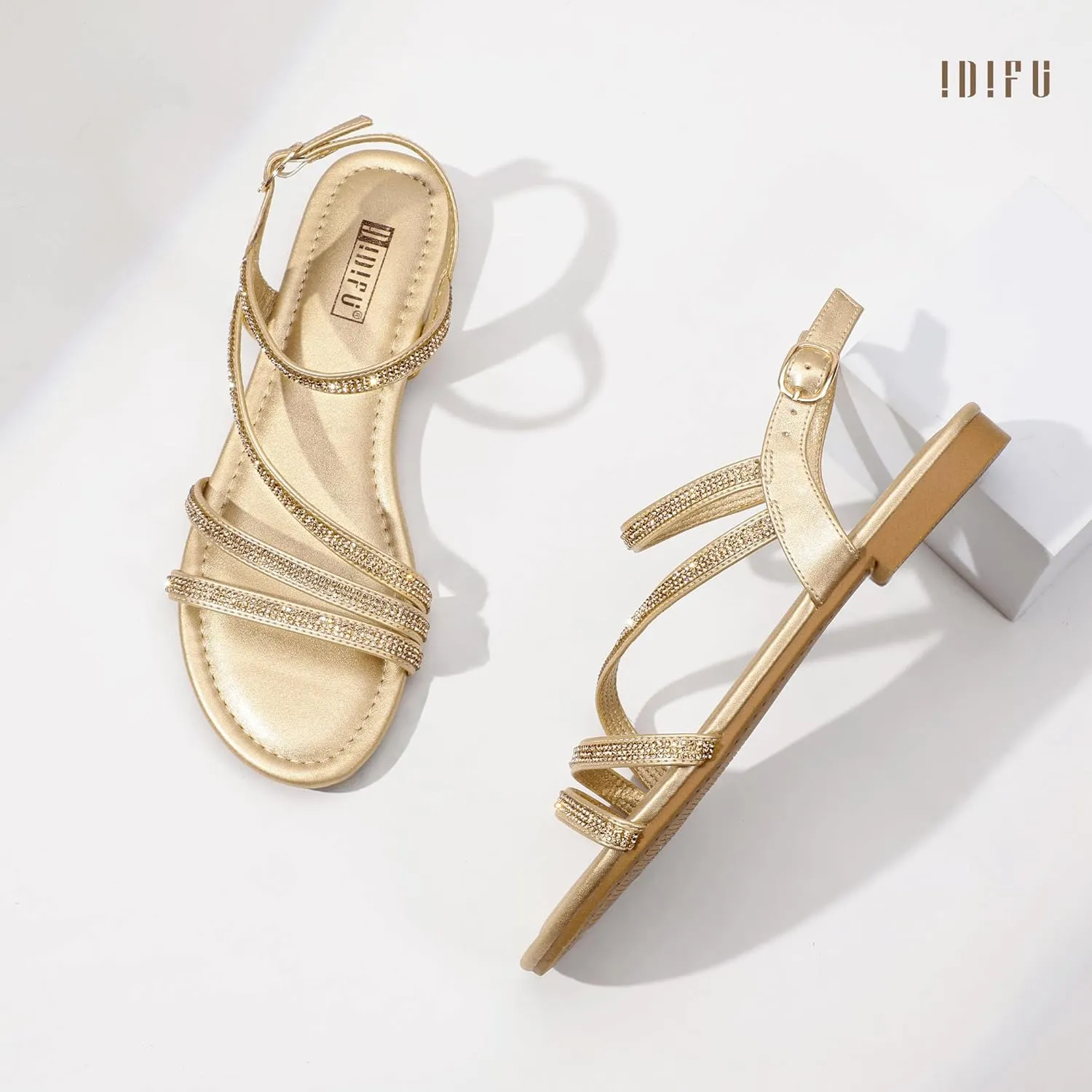 IDIFU Rhinestone Strappy Sandals for Women Dressy Summer Glitter Flat Sandals with Back Strap Open Toe Slingback Ankle Strap Sandals Wedding Bridal Prom Sparkly Bling Comfortable Cute Dress Sandals