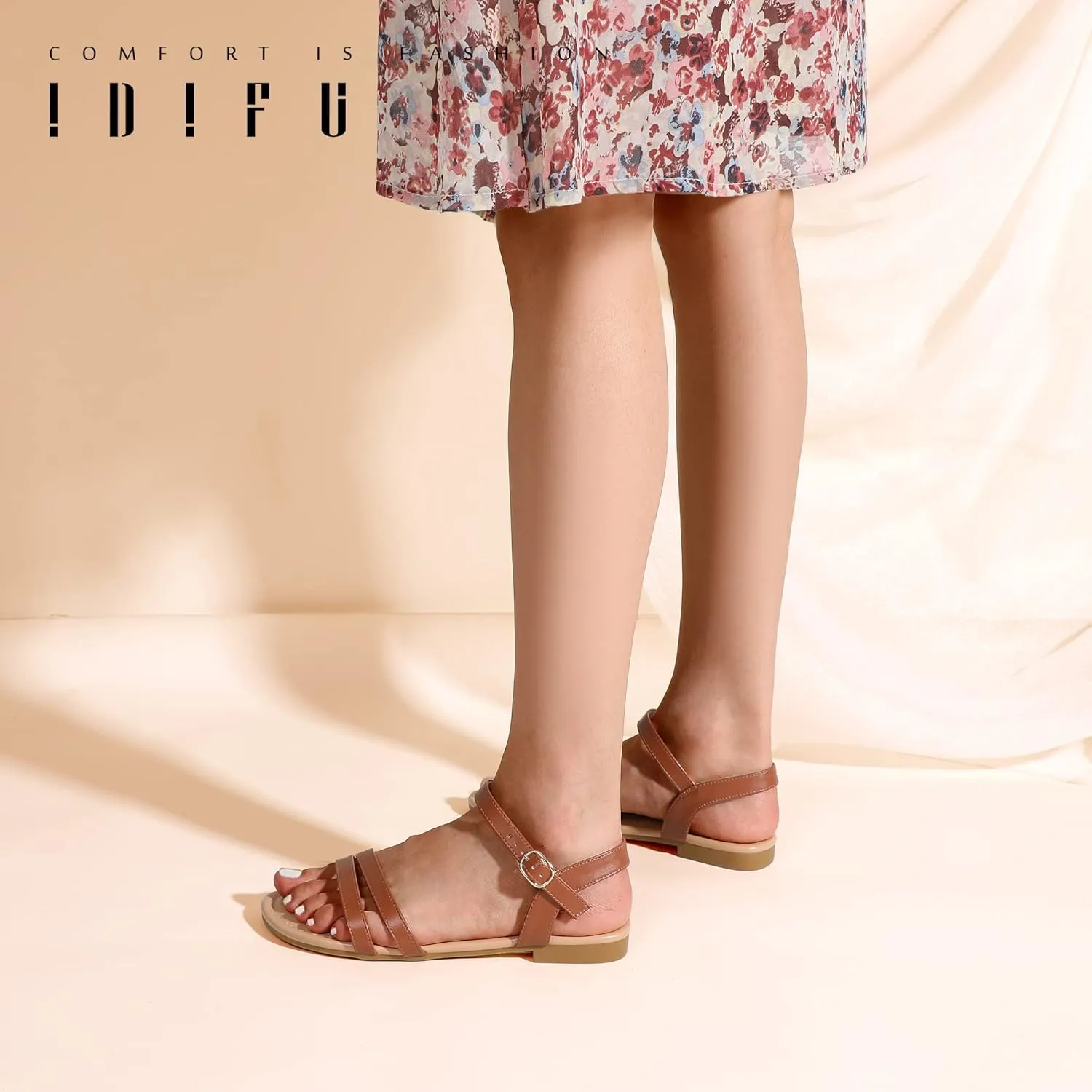 IDIFU Women's Flat Sandals Dressy Summer Strappy Sandals Open Toe Slingback Ankle Strap Dress Sandals with Two Toe Strap Wedding Prom Beach Bride Bridesmaid Sandals Comfortable Fashion Cute Sandals