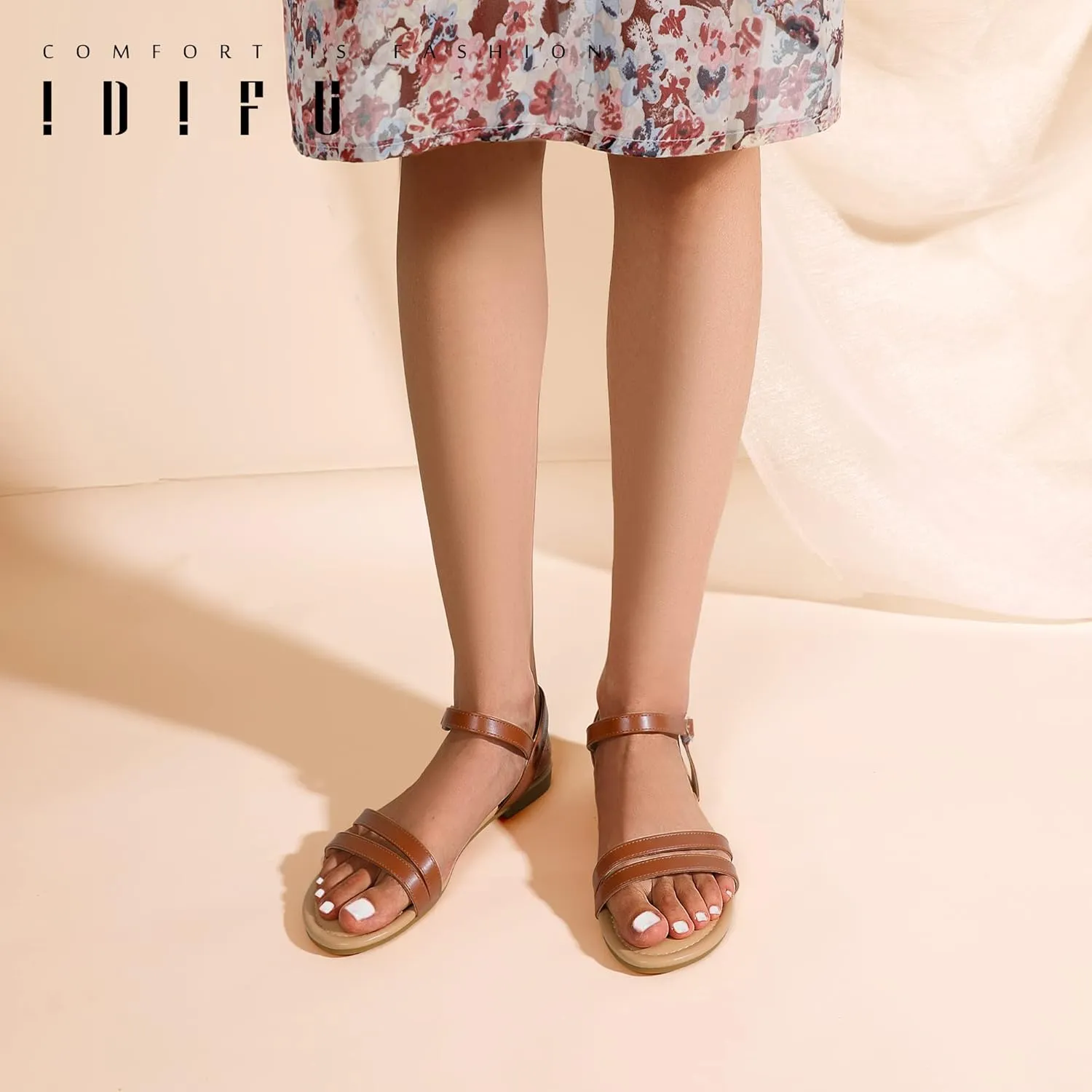 IDIFU Women's Flat Sandals Dressy Summer Strappy Sandals Open Toe Slingback Ankle Strap Dress Sandals with Two Toe Strap Wedding Prom Beach Bride Bridesmaid Sandals Comfortable Fashion Cute Sandals