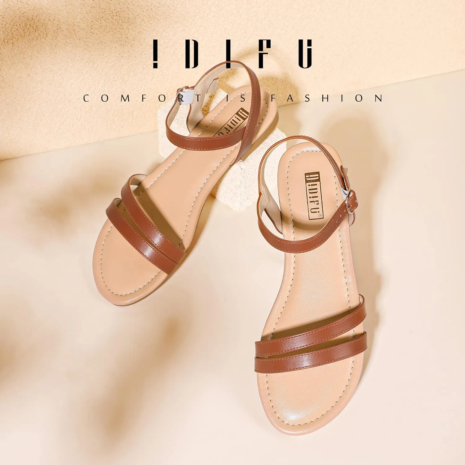 IDIFU Women's Flat Sandals Dressy Summer Strappy Sandals Open Toe Slingback Ankle Strap Dress Sandals with Two Toe Strap Wedding Prom Beach Bride Bridesmaid Sandals Comfortable Fashion Cute Sandals