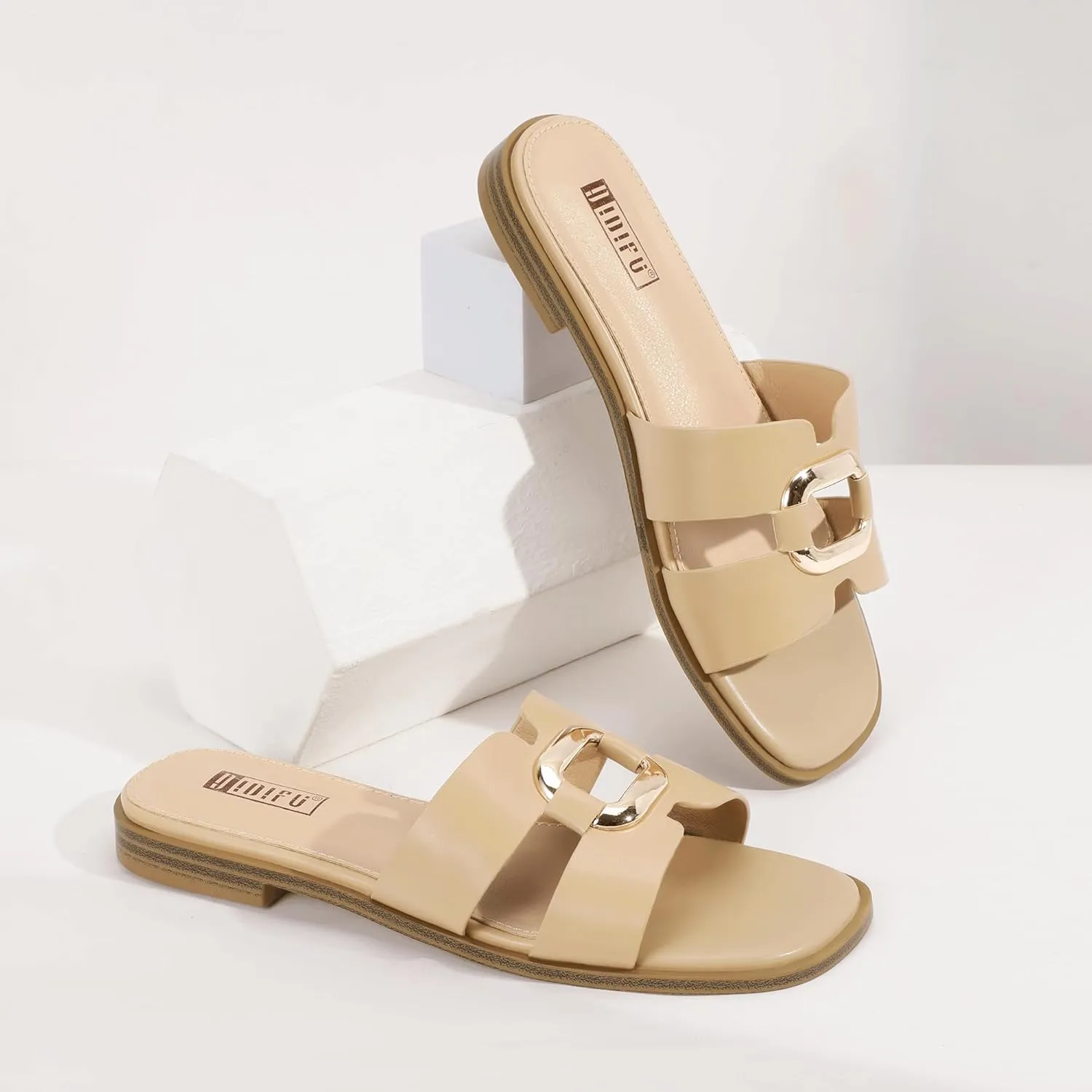 IDIFU Women's Flat Sandals Square Open Toe Slip On Comfortable Dressy Cute Trendy Casual Fancy Slide Sandals for Women Ladies Bridal Summer Beach Work Office Wedding Flat Sandals