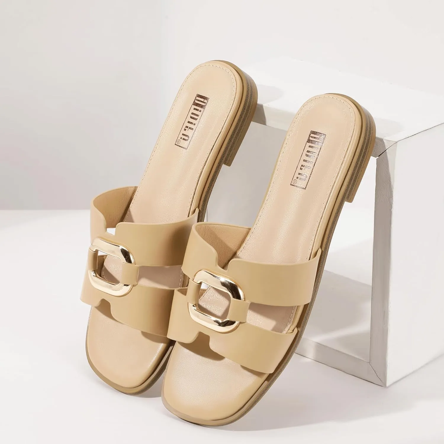 IDIFU Women's Flat Sandals Square Open Toe Slip On Comfortable Dressy Cute Trendy Casual Fancy Slide Sandals for Women Ladies Bridal Summer Beach Work Office Wedding Flat Sandals