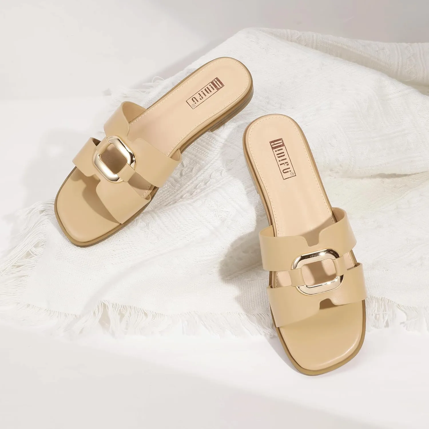 IDIFU Women's Flat Sandals Square Open Toe Slip On Comfortable Dressy Cute Trendy Casual Fancy Slide Sandals for Women Ladies Bridal Summer Beach Work Office Wedding Flat Sandals