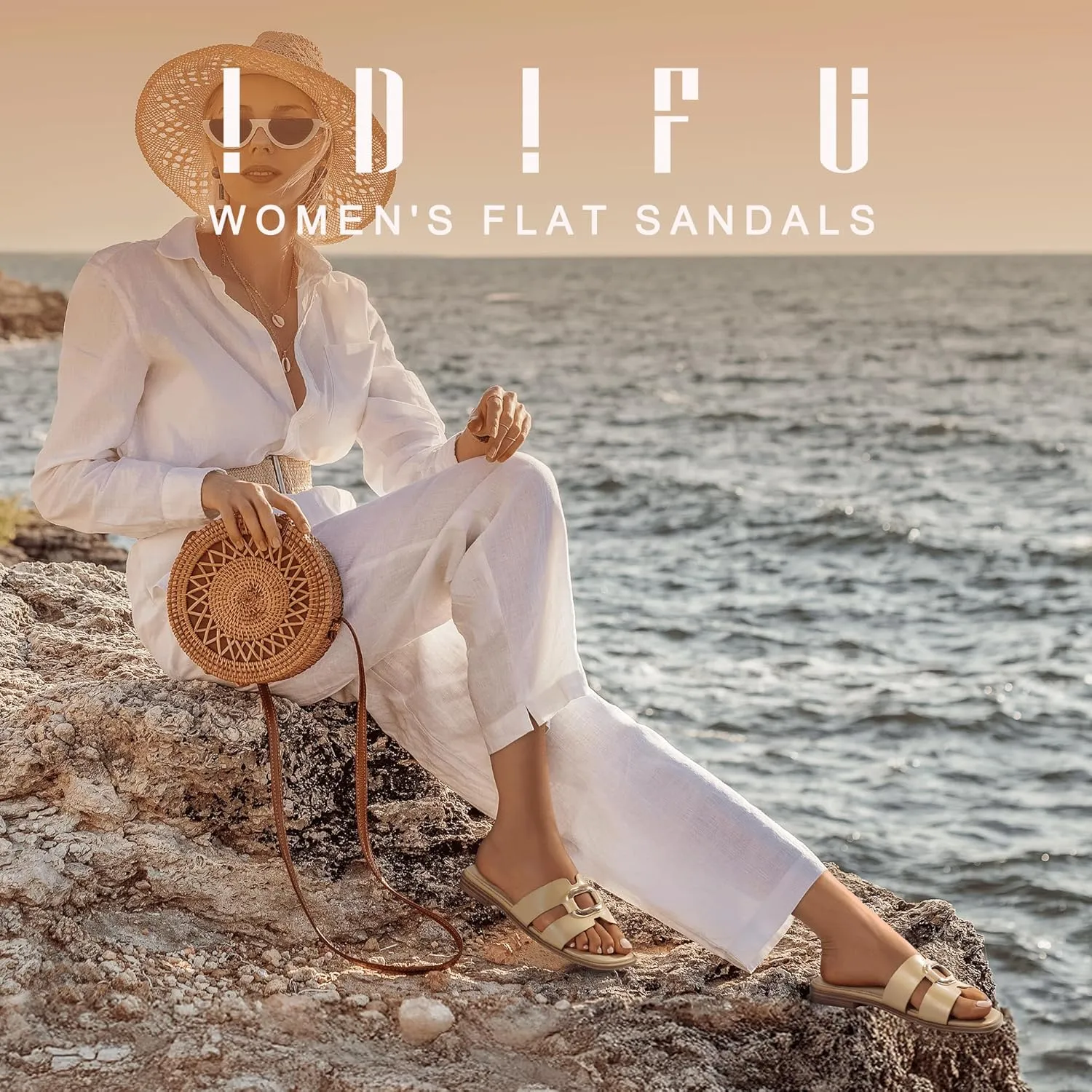 IDIFU Women's Flat Sandals Square Open Toe Slip On Comfortable Dressy Cute Trendy Casual Fancy Slide Sandals for Women Ladies Bridal Summer Beach Work Office Wedding Flat Sandals