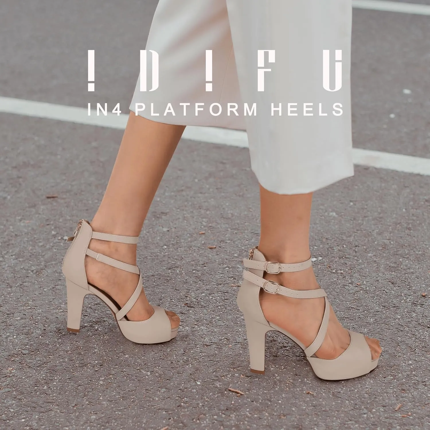 IDIFU Women's IN4 Platform Heels Strappy Chunky Heels For Women Dressy Peep Toe High Heels For Women Bridal Wedding Shoes For Bride On Evening Prom