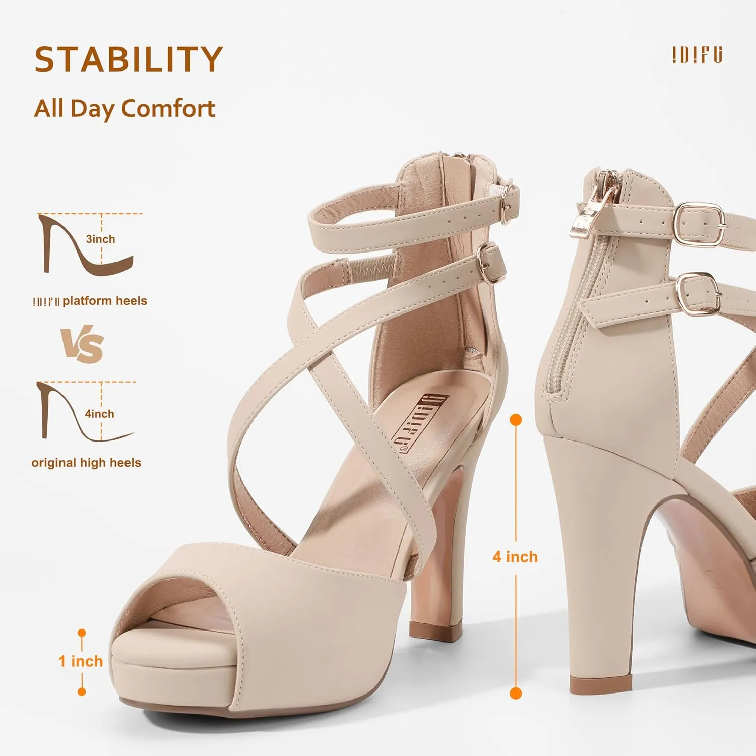 IDIFU Women's IN4 Platform Heels Strappy Chunky Heels For Women Dressy Peep Toe High Heels For Women Bridal Wedding Shoes For Bride On Evening Prom