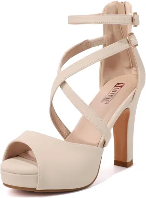 IDIFU Women's IN4 Platform Heels Strappy Chunky Heels For Women Dressy Peep Toe High Heels For Women Bridal Wedding Shoes For Bride On Evening Prom