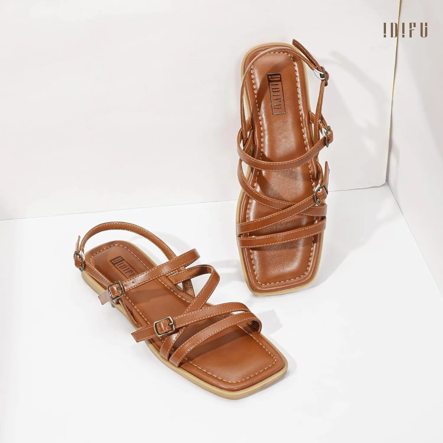 IDIFU Women's Strappy Sandals Square Open Toe Flats Sandals Gladiator Slingback Ankle Strap with Back Strap Summer Wedding Prom Work Party Comfortable Trendy Fashion Casual Dress Shoes