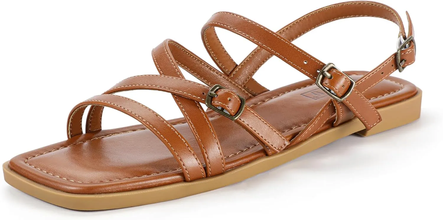 IDIFU Women's Strappy Sandals Square Open Toe Flats Sandals Gladiator Slingback Ankle Strap with Back Strap Summer Wedding Prom Work Party Comfortable Trendy Fashion Casual Dress Shoes