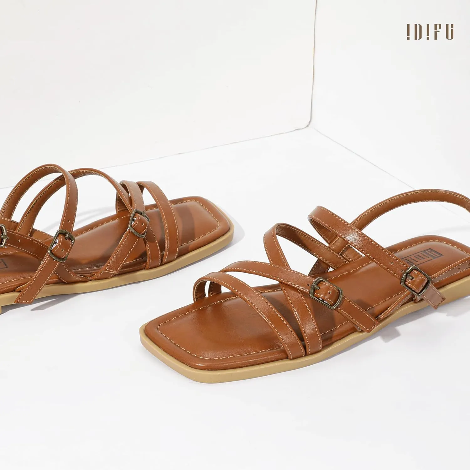 IDIFU Women's Strappy Sandals Square Open Toe Flats Sandals Gladiator Slingback Ankle Strap with Back Strap Summer Wedding Prom Work Party Comfortable Trendy Fashion Casual Dress Shoes