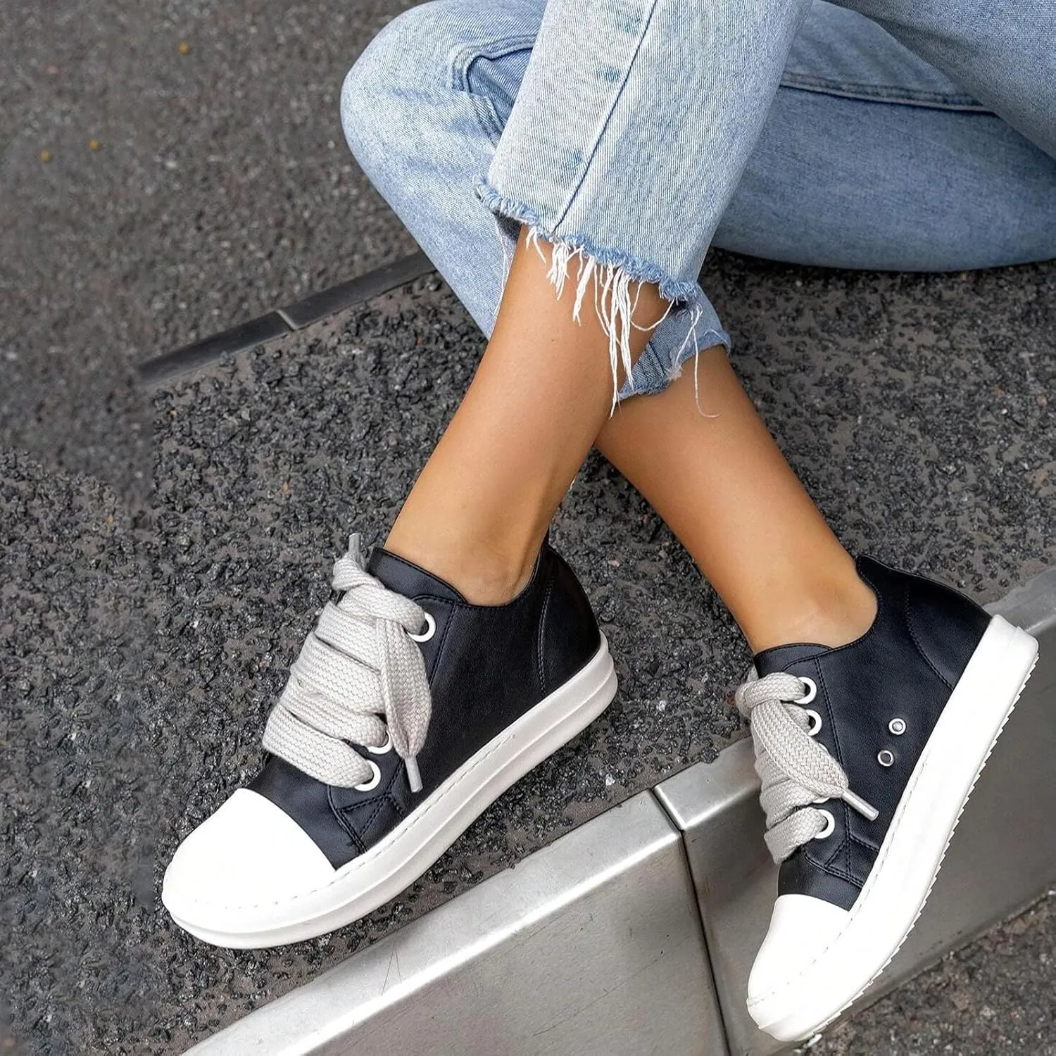 IMPREMEY Women's Low top Sneakers Fashion Thick Strap Leather Walking Shoes.