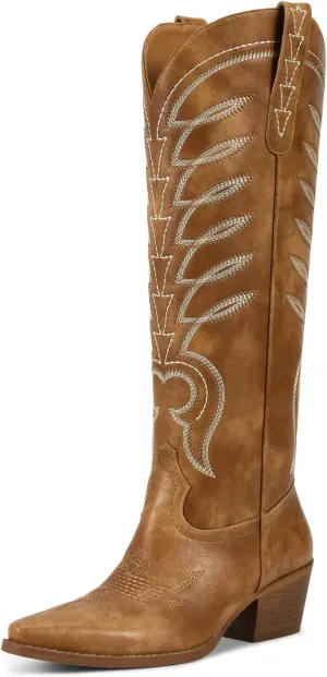 ISNOM Cowboy Boots for Women Knee High Cowgirl Western Boots Womens Embroidered Tall Cowboy Boot Comfort Fashion Long Boot