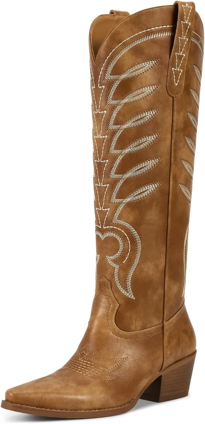 ISNOM Cowboy Boots for Women Knee High Cowgirl Western Boots Womens Embroidered Tall Cowboy Boot Comfort Fashion Long Boot