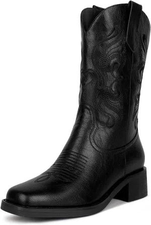 ISNOM Cowgirl Cowboy Boots for Women, Western Boots with Square Toe, Pull-on Tab and Unique Embroidery Design