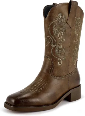 ISNOM Cowgirl Cowboy Boots for Women, Western Boots with Square Toe, Pull-on Tab and Unique Embroidery Design
