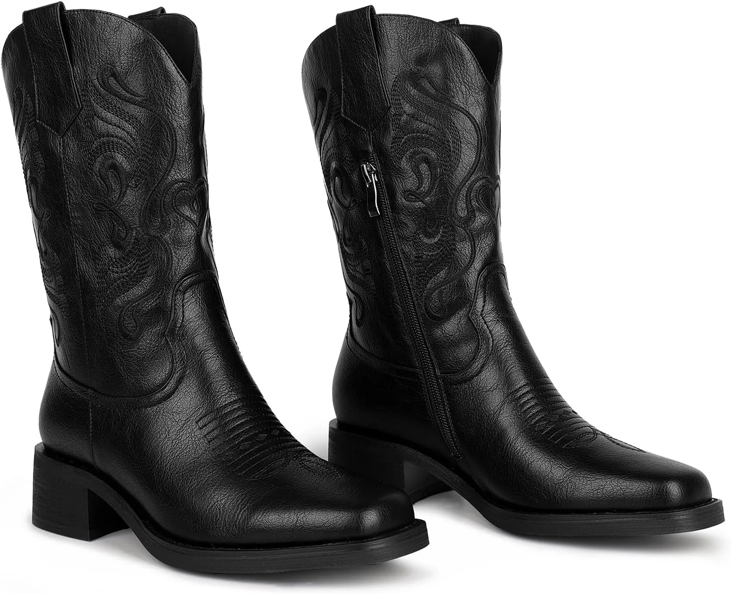ISNOM Cowgirl Cowboy Boots for Women, Western Boots with Square Toe, Pull-on Tab and Unique Embroidery Design