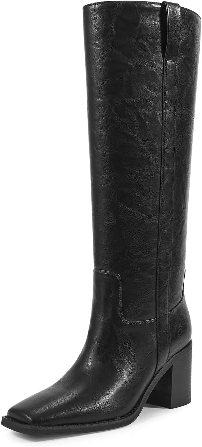 ISNOM Knee High Boots for Women, Chunky Boots with Square Toe, Mid Heel, Pull On Tall Riding Boots for Work Date Dress Party Club Shoes
