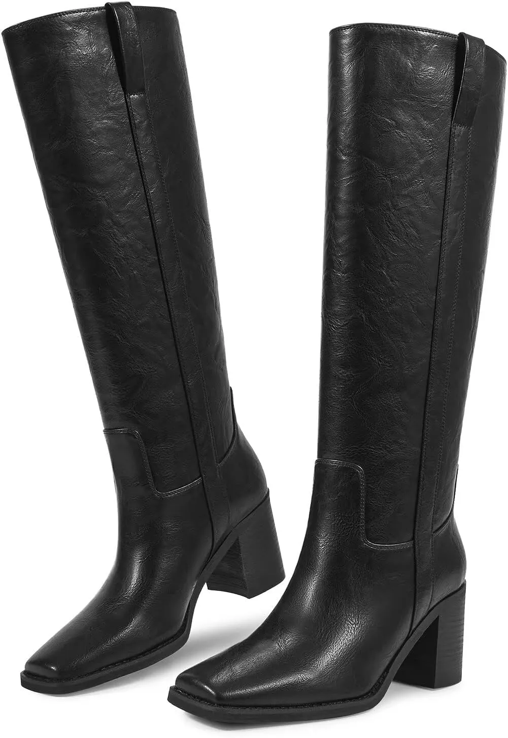 ISNOM Knee High Boots for Women, Chunky Boots with Square Toe, Mid Heel, Pull On Tall Riding Boots for Work Date Dress Party Club Shoes