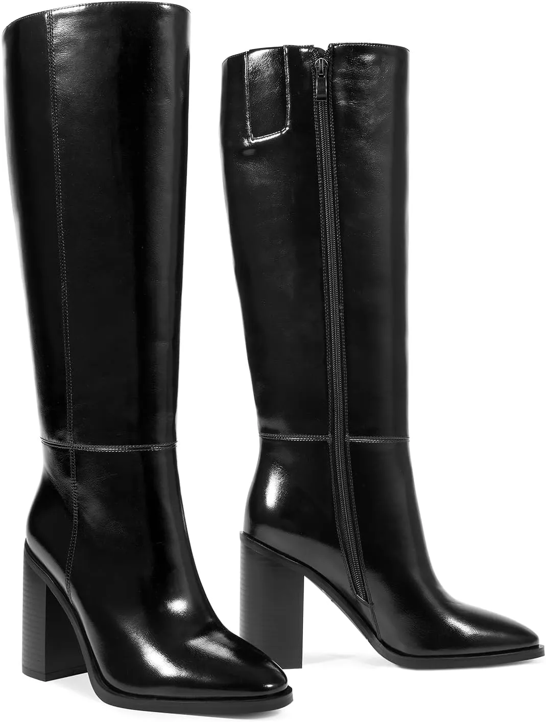 ISNOM Knee High Boots Women Almond Toe Chunky Boots for Women Tall Boots with Full Side Zipper High Heel Long Boots