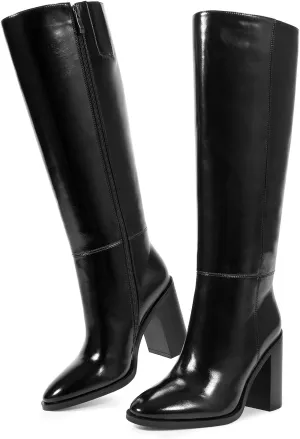 ISNOM Knee High Boots Women Almond Toe Chunky Boots for Women Tall Boots with Full Side Zipper High Heel Long Boots