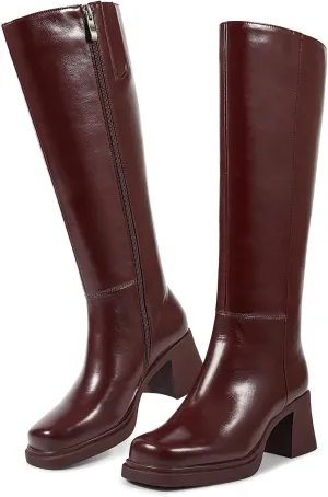 ISNOM Platform Knee High Boots for Women Chunky Heel Boots Long Boots Tall Boots Square Toe With Side Zipper Black Brown Burgundy