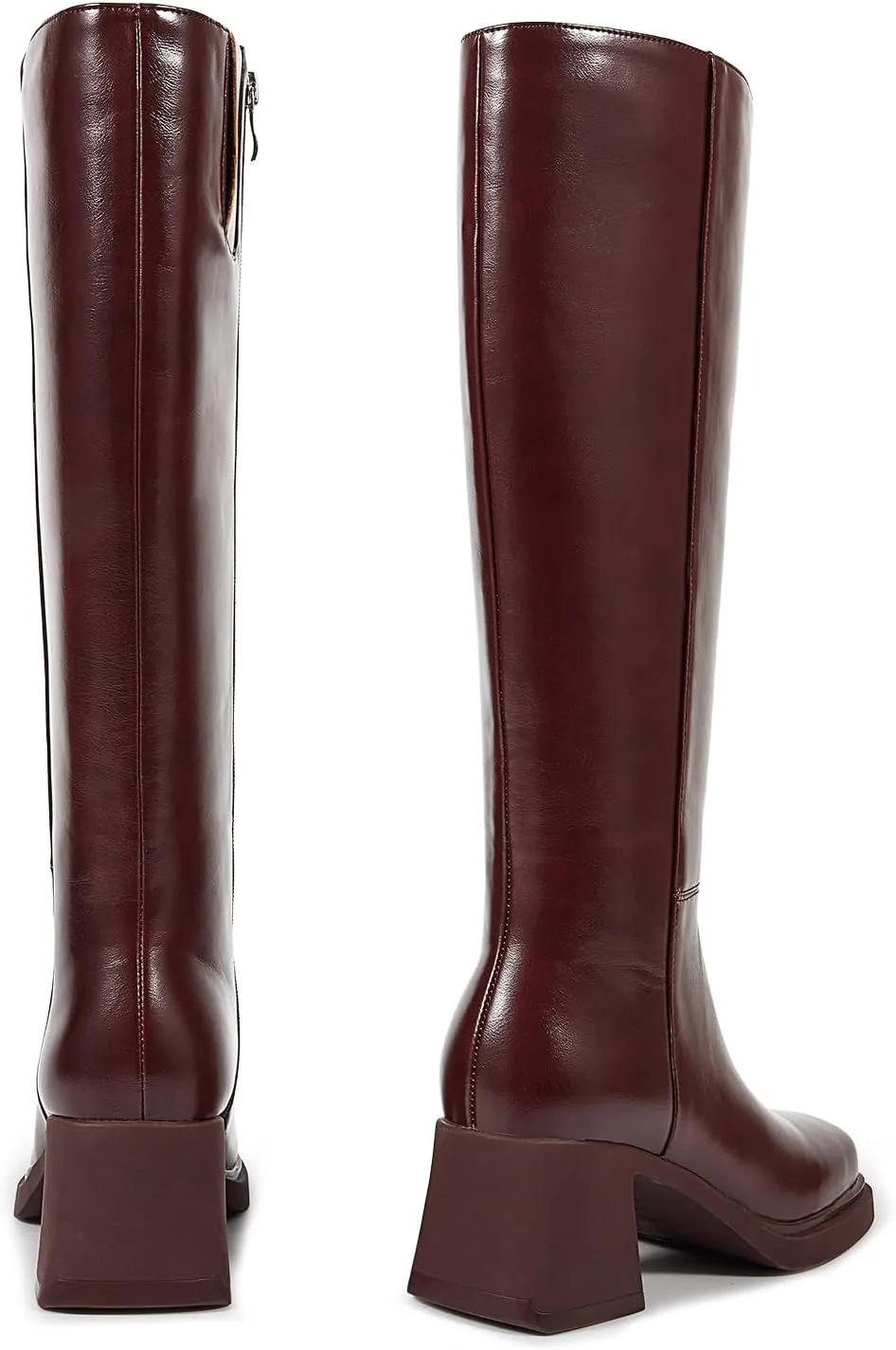 ISNOM Platform Knee High Boots for Women Chunky Heel Boots Long Boots Tall Boots Square Toe With Side Zipper Black Brown Burgundy