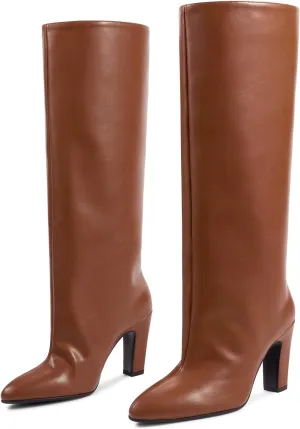 ISNOM Slouchy Knee High Boots Women for Regular Calf, Not for Bigger Wide Calf Chunky Heel Boots Long Boots Tall Boots
