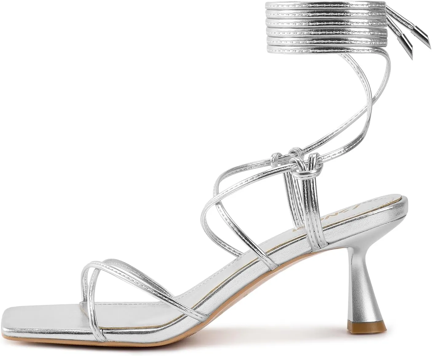 ISNOM Strappy Sandals for Women Kitten Heels Lace Up Heels Stiletto Heels Wrap Around Heels with Square Toe